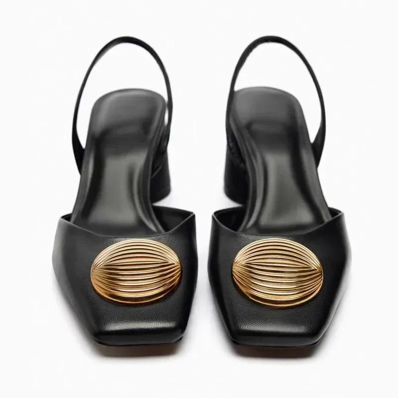 Sandals Women Pumps Metal Decoration Fashion Square Toe Chunky Heels Dress Shoes Elegant High Heels Ladies Mules