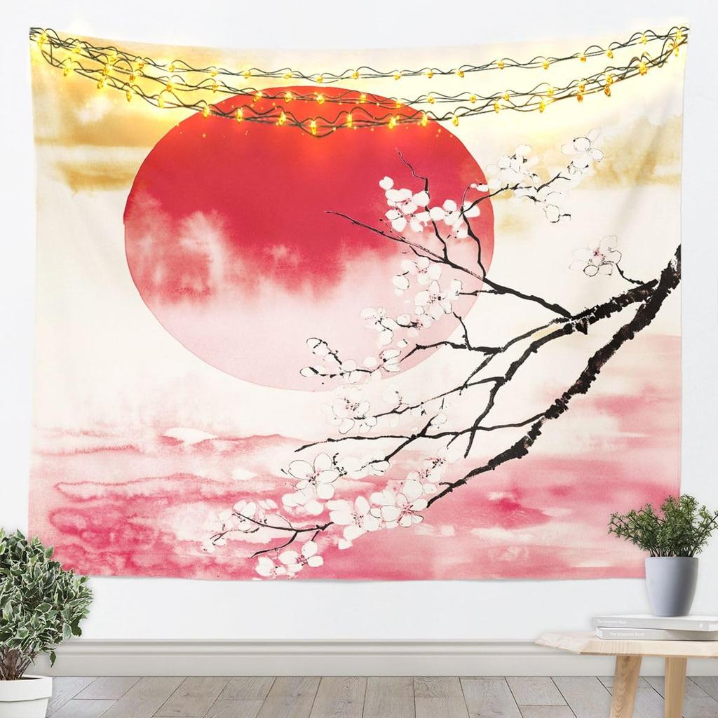Cherry Blossom Tapestry Japanese Style Wall Art for Living Room Bedroom Chinese Ink Painting Wall Hanging Blanket Plum Blossom