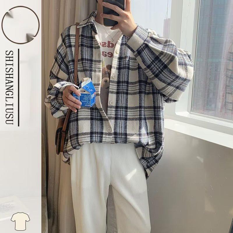 

Клетчатая рубашка мужская осенняя красивая рубашка в гонконгском стиле Fried Street с длинным рукавом Свободная повседневная модная брендовая ретро-стиль Harajuku