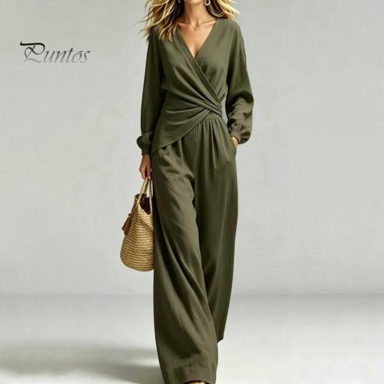 Casual Women Outfit Women's Long Sleeve 2 Piece Sets, Irregular Hem V Neck Top Comfortable And Wide Leg Pants Matching Travel Vacation Outfits