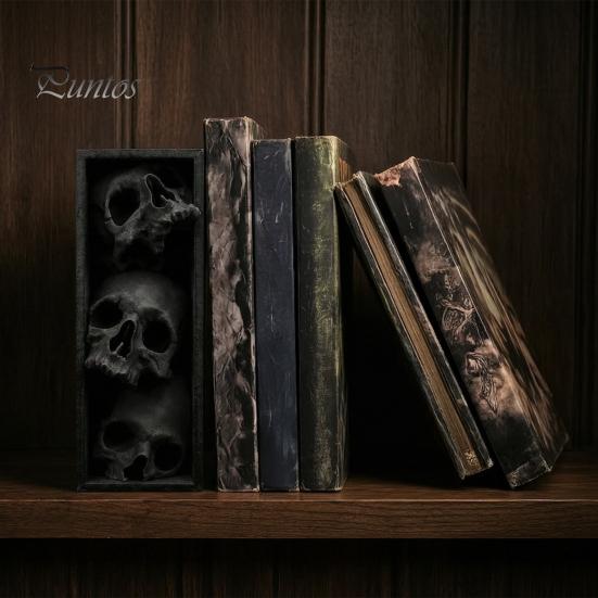 Dark Fantasy Wohnaccessoires 3 Stück Halloween 3-stufige Totenkopf-Buchstützen, Gotische Harz-Regaldekoration für Büro, Einzigartige Buchstopper Spukiges Skelett