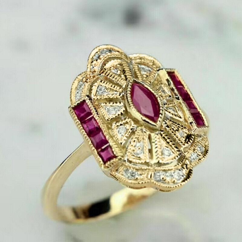 Huitan Gorgeous Red CZ Gold Color Rings for Women Vintage Style Luxury Lady Accessories Party Anniversary Gift Noble Zircon