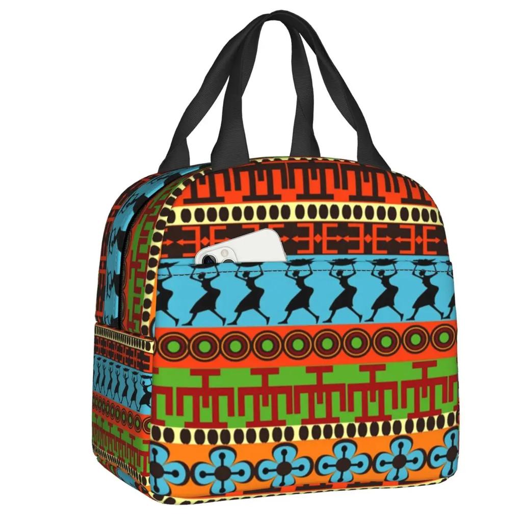 African Elements Pattern Insulated Lunch Tote Bag for Women Africa Ethnic Culture Cooler Thermal Bento Box Work School Travel