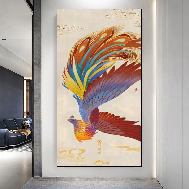 New Chinese Style Light Luxury Peacock Phoenix Canvas Painting Wall Art Abstract Golden Animal Posters for Porch Room Wall Decor