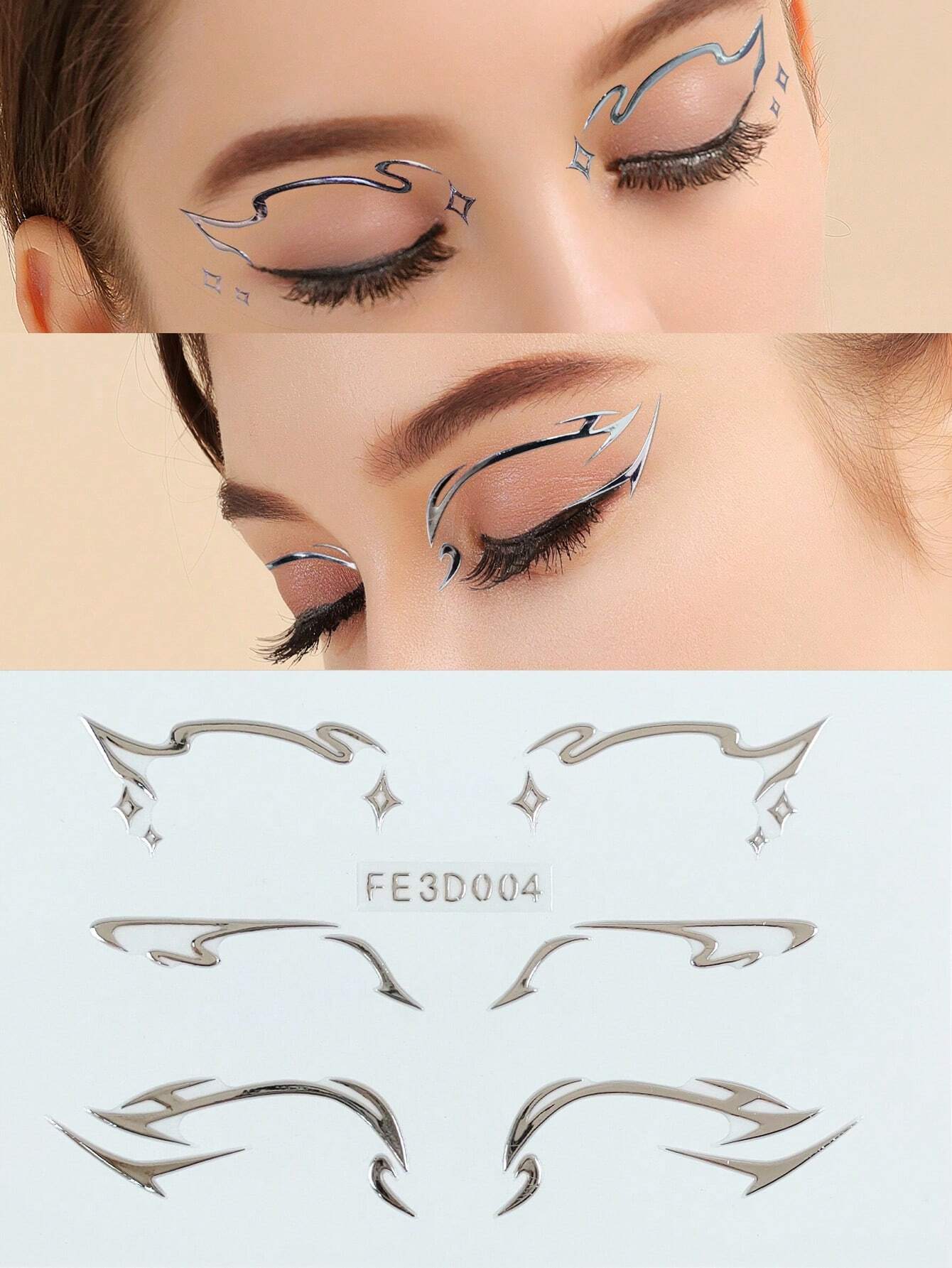 

1pc 3D Metallic Face & Eye Stickers, Waterproof Eyeliner Tattoo for Halloween, Festival & Stage Makeup серебряный