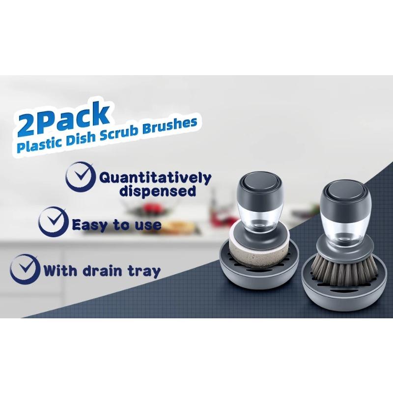 Set of 2 Dish Brush with Soap Dispenser, Kitchen Dish Scrubbers Set with Draining Tray for Washing Dishes/Pots