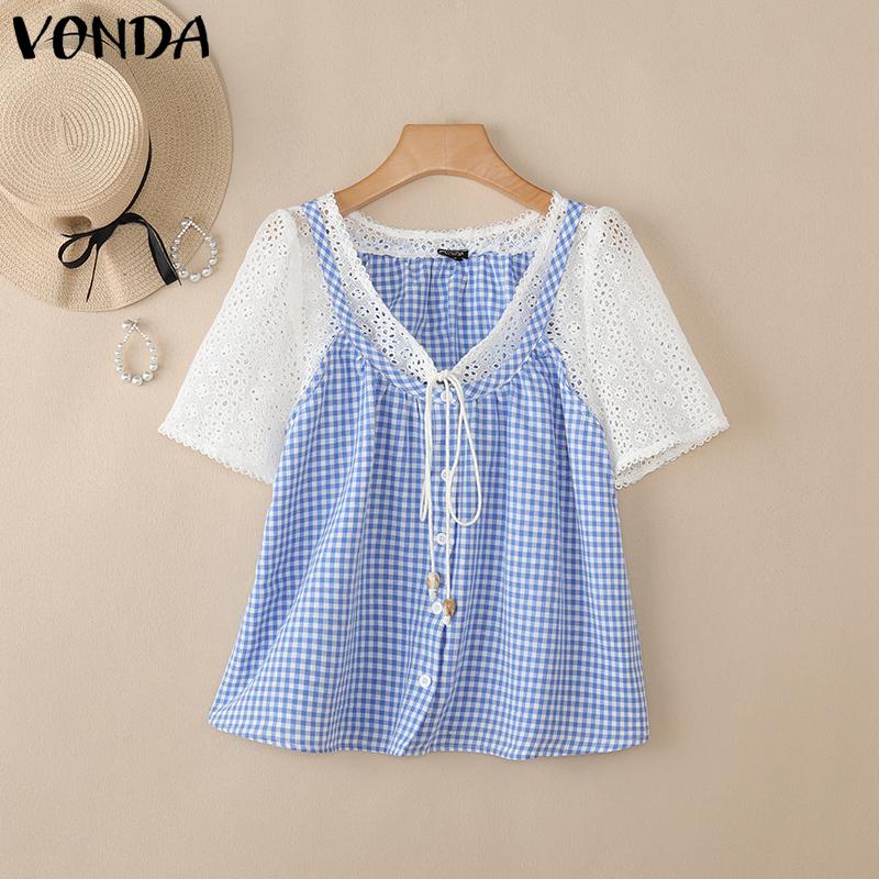 

VONDA Women Short Sleeve Lace Crochet Hollow Patchwork Plaid Casual Blouse S