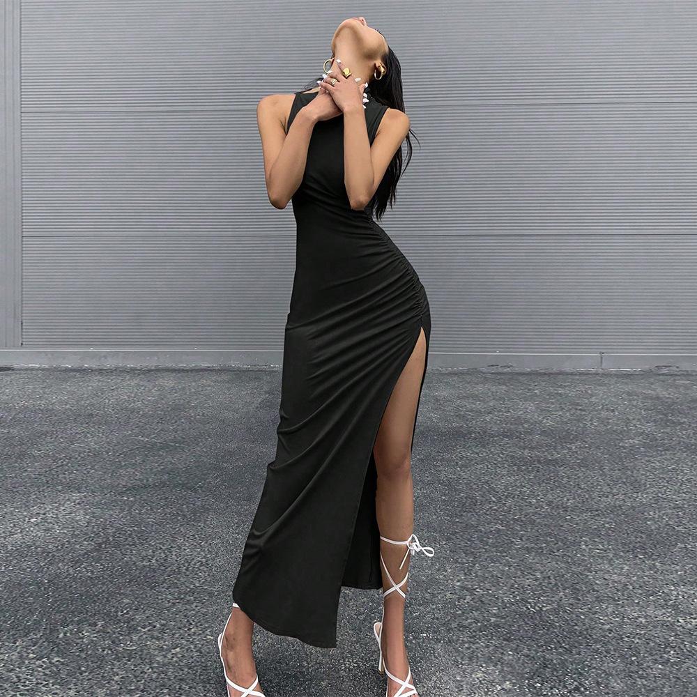 European and American Round Neck Sleeveless Slit Dress, New Summer Pure and Innocent Style, Hip-hugging Mid-length Skirt for Women