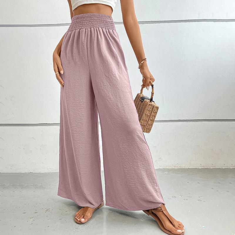 Summer High-waisted, Casual, Simple Solid-color Loose-fitting Wide-leg Pants with Elastic Waists