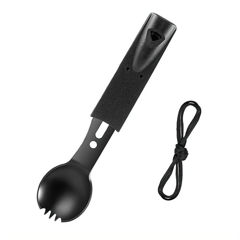 

Портативный набор столовых приборов из нержавеющей стали для улицы с ножом, вилкой, ложкой и свистком чёрный