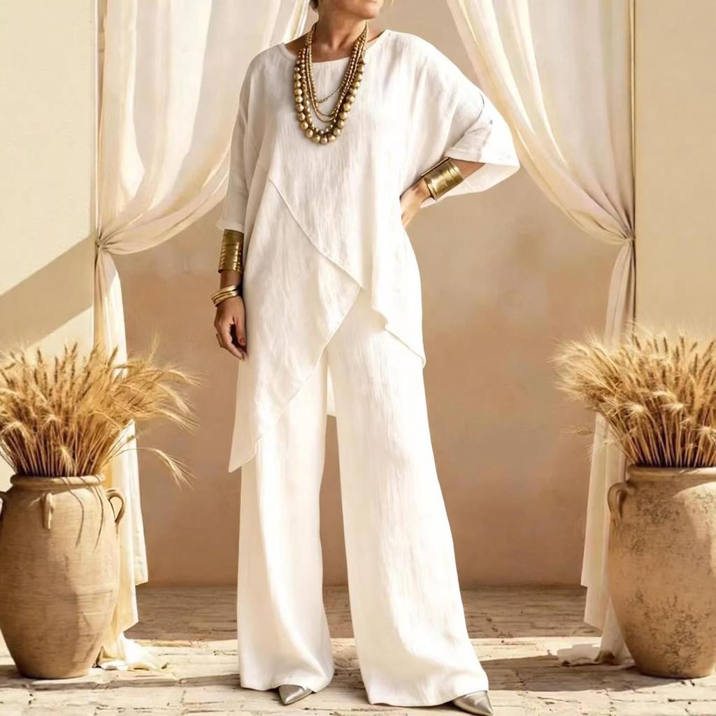 2026 Summer European & American Women's Cotton-Linen Two-Piece: Loose Casual Suit with Irregular Hem
