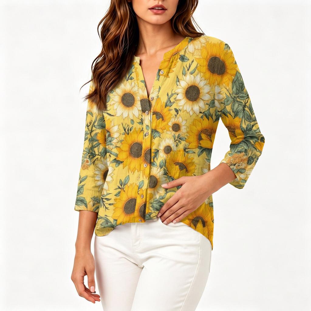 Women's Vintage Floral Print Button Down Shirt Three Quarter Sleeve Cotton Linen Blend Henley Neck Casual Blouse