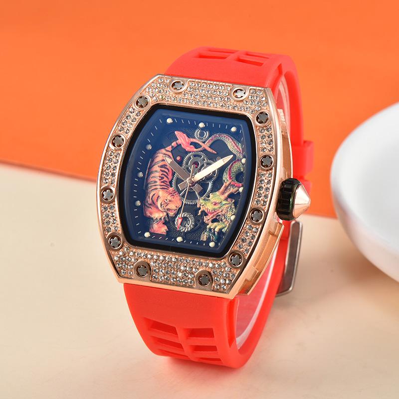 Men's Trendy Barrel-Shaped Full Diamond Quartz Watch with Calendar