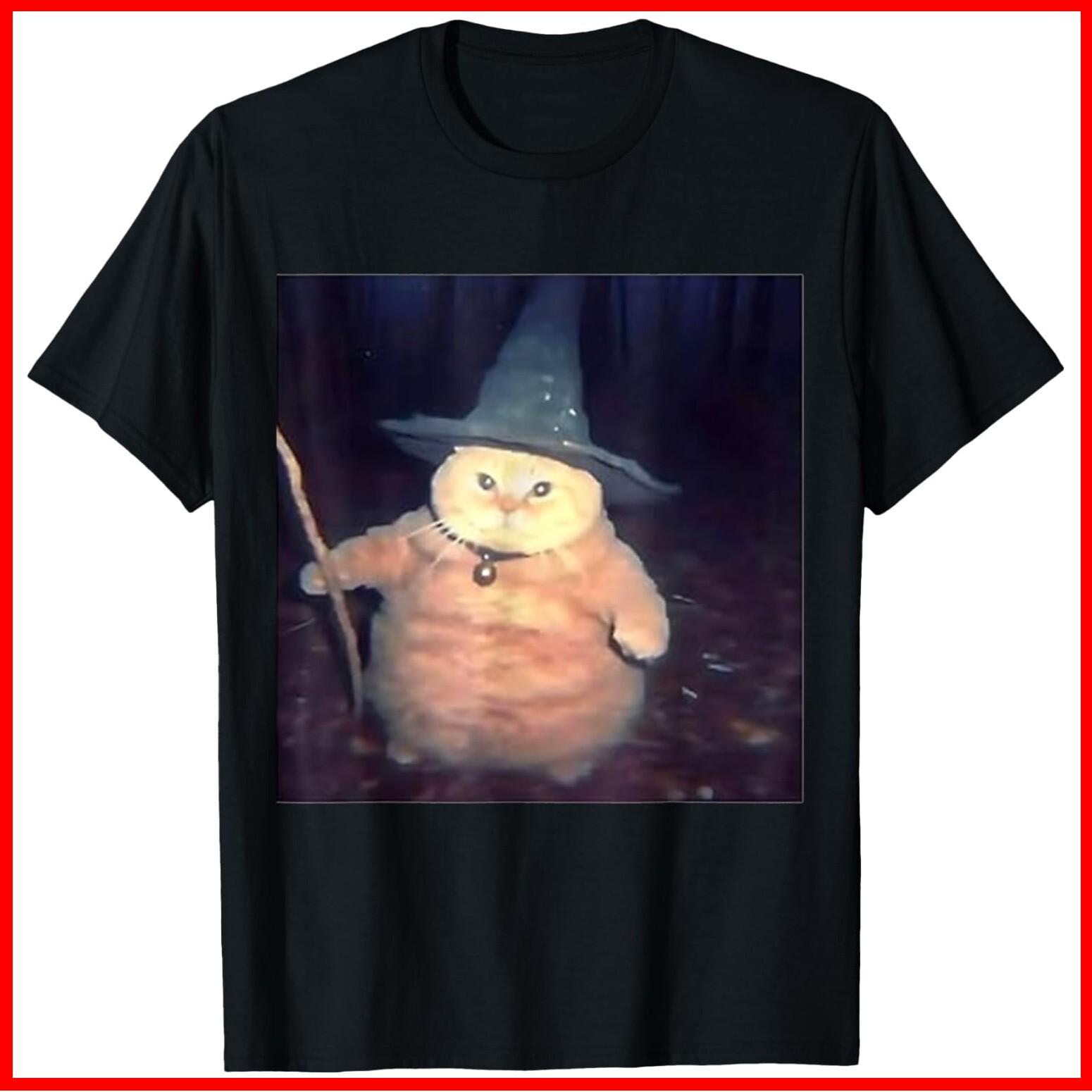 Wizard Cat Weird Funny Halloween Cat Meme Black Cotton T-Shirt S-5XL S