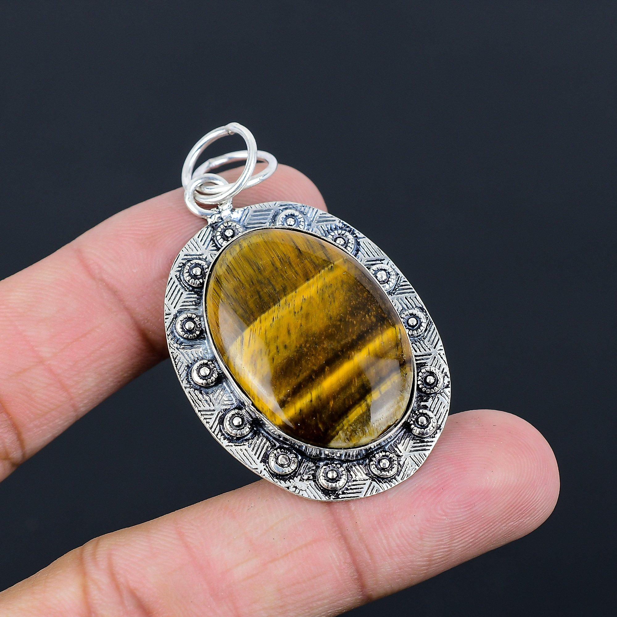 925 Silver Natural Tiger Eye Daughter Bezel Sacral Chakra Trendy Pendant Jewelry