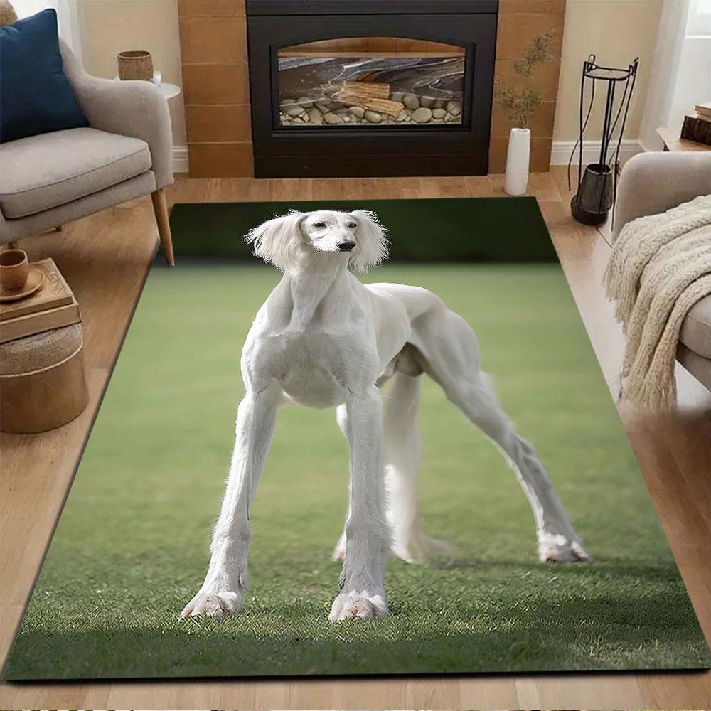 Elegant White Dog On Grass Patterned Carpet, Non Slip Mat Suitable for Living Room and Bedroom Sofas