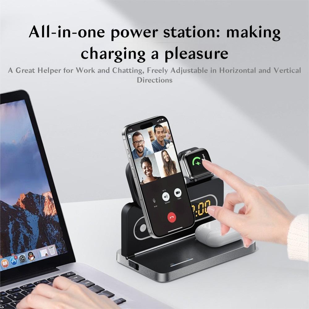5-in-1 Magnetic Wireless Charger with Phone Stand, Magnetic Wireless Watch Charger, Magnetic Wireless Earphone Charger, and Digital Alarm Clock