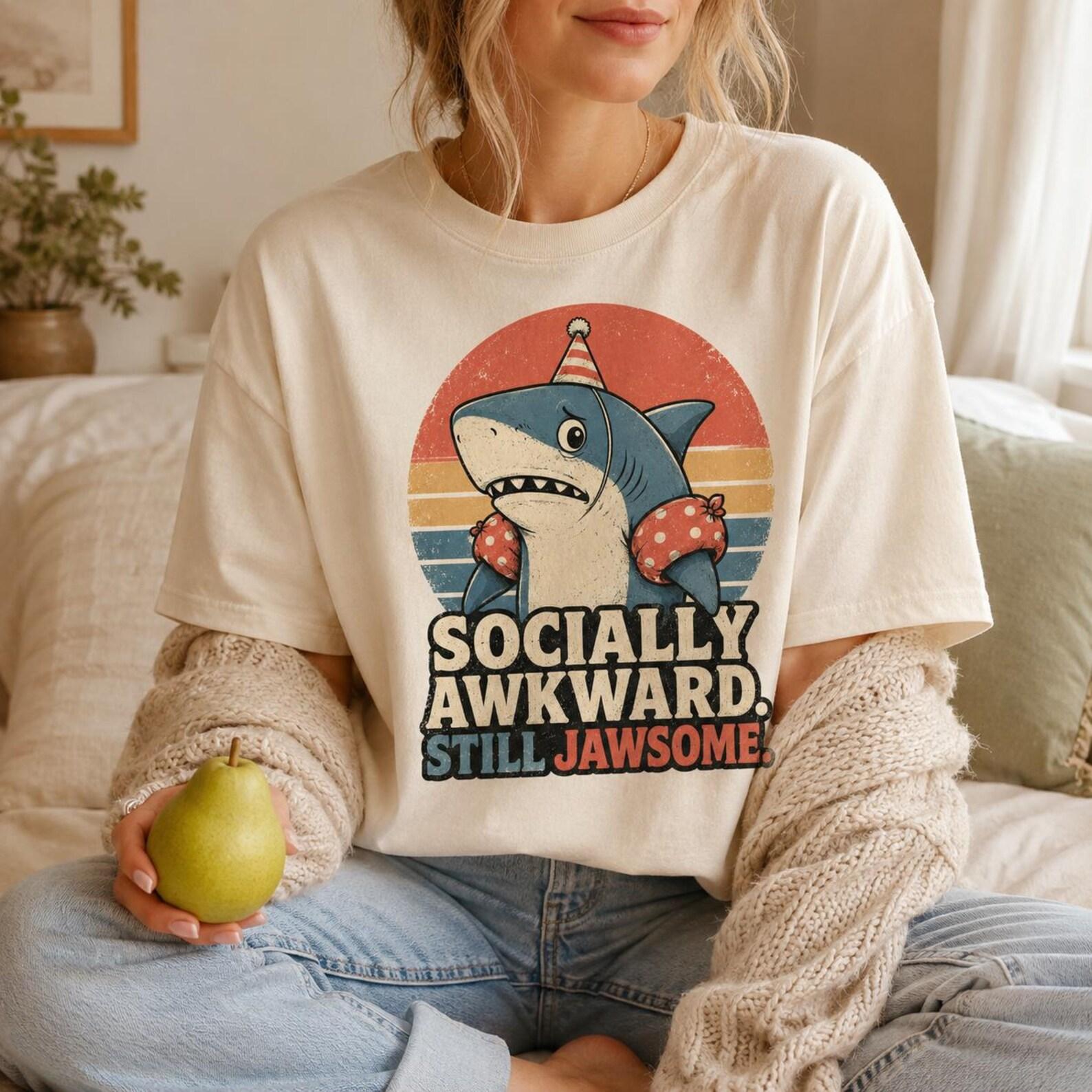 Socially Awkward Still Jawsome Shirt, Funny Shark Graphic Tee, Introvert Shark Shirt, Vintage Ocean Comfort Colors T-Shirt 3XL