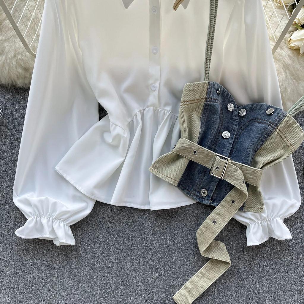 Koreanische Serie Tragen Alter-Reduzierung Set Retro Denim Cami Gestapelt Alle-Matching Puff Sleeve Shirts Zwei-stück Set Top