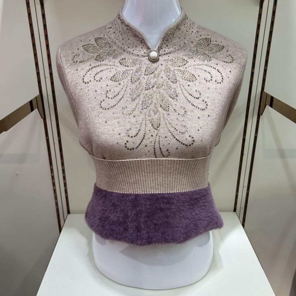 Winter Damen Fleece Pullover Dick Grobstrick Pullover Halber Rollkragen Strass Beflockt Übergröße Pullover