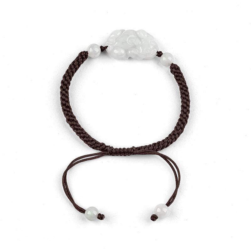 Natural Jadeite Pixiu Bracelet, Hand Braided Rope Wristband, Unisex Carved Jade Woven Bracelet for Daily Wear & Gift