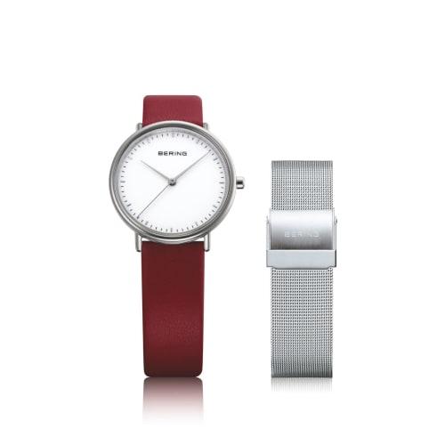 

BERING Women s Quartz Watch with Two Straps, Red Leather & Silver Stainless Steel Mesh Strap, 15729-604-3H, Officially Imported, 3-Year Warranty, Whit