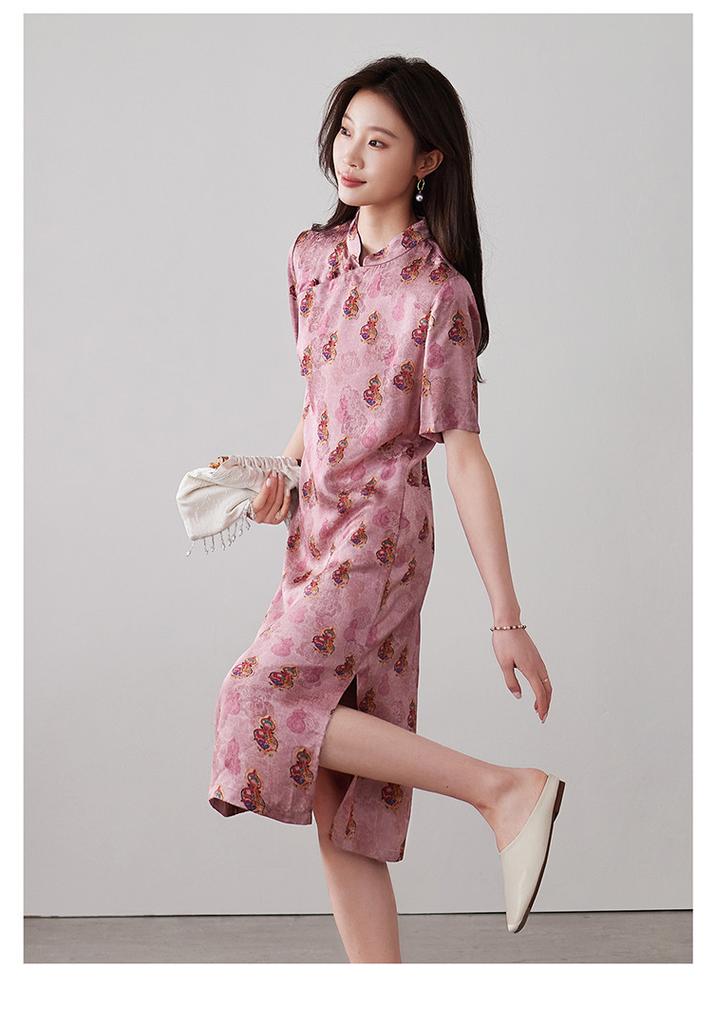 New Chinese Style Printed Short Sleeved Dress for 2026 Spring Fashion, Versatile and Slimming, Mid Length Skirt
