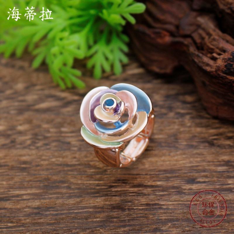 New Enamel Hollow Rose Elastic Ring Women's Simple High-end Three-dimensional Flower Ring