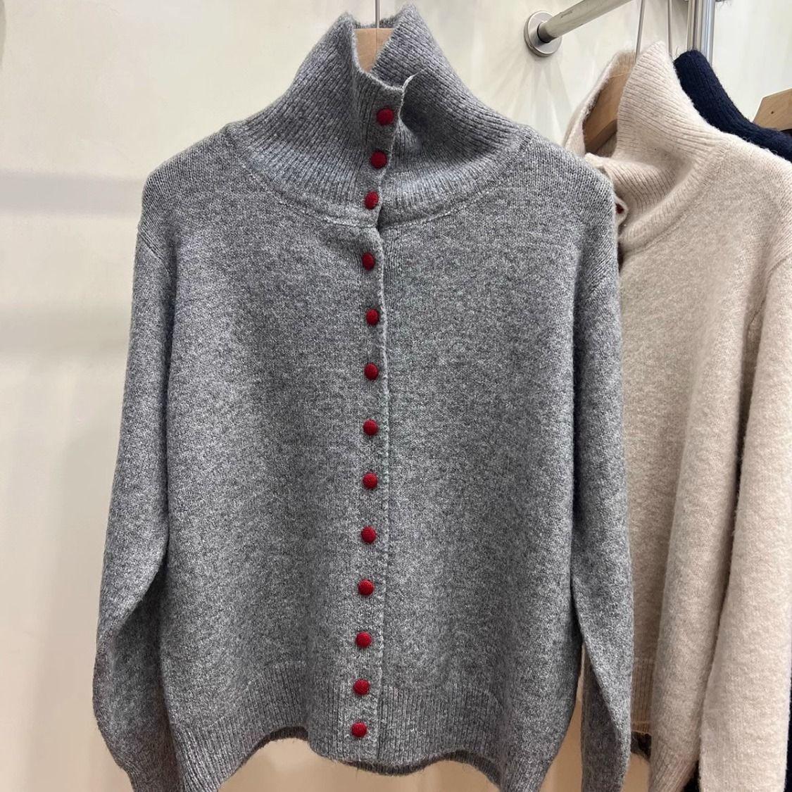 

Женский вязаный кардиган на пуговицах во французском стиле – с высоким воротником, свободного кроя, мягкий, для осени/зимы XL