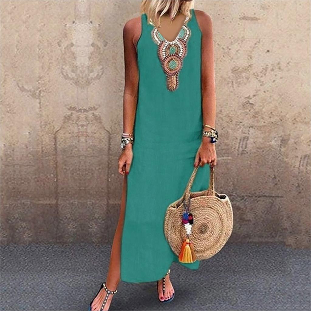 Dámské maxi šaty bez rukávů s výstřihem do V a rozděleným lemem Baggy dlouhé šaty Kaftan