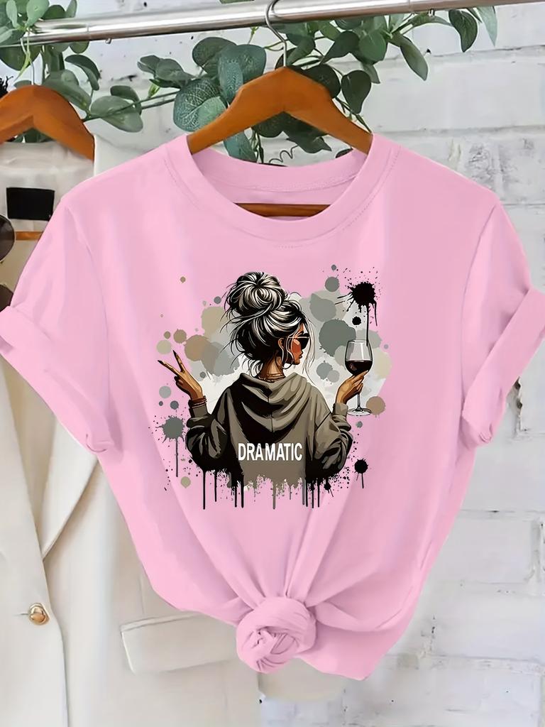 Women'sT-Shirt Dramatic Woman with Wine Glass Art Print Casual Everyday  Formal Outfits  Elegant Tee for Theater Events  Parties