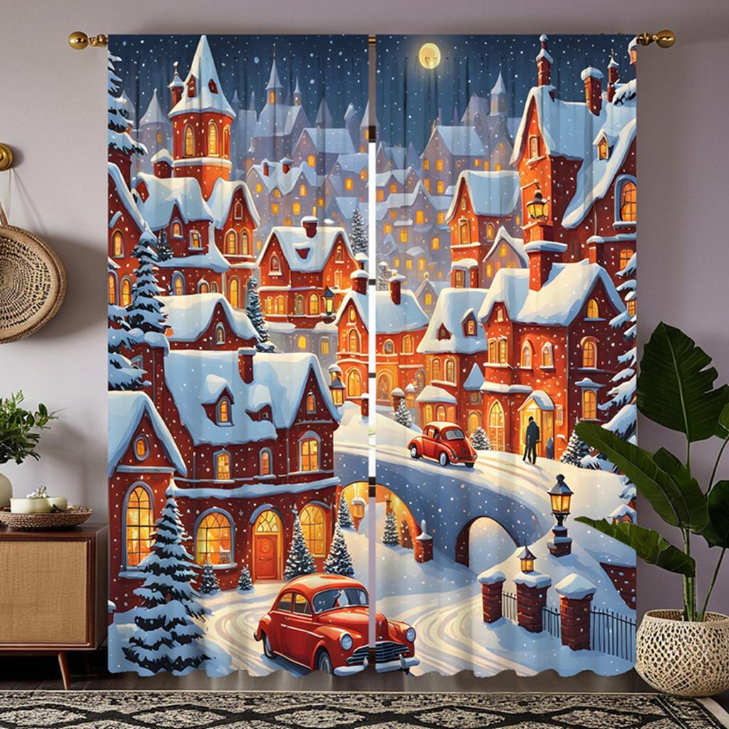 2pcs HD Post-Snow Christmas Castle City Decoration Curtain White Tie Digital Printed Curtain Home Decoration Style Decoration