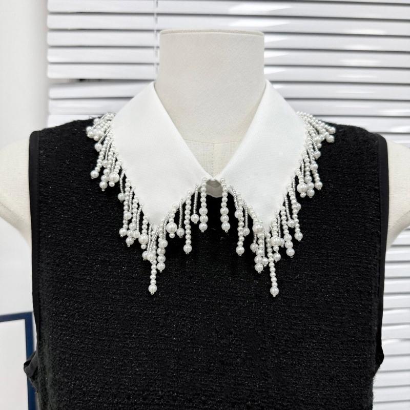 Elegant Pearls Beaded Tassels Trim Detachable Faux Collar for Women Fashionable Bib Choker Necklace Clothing Accessory