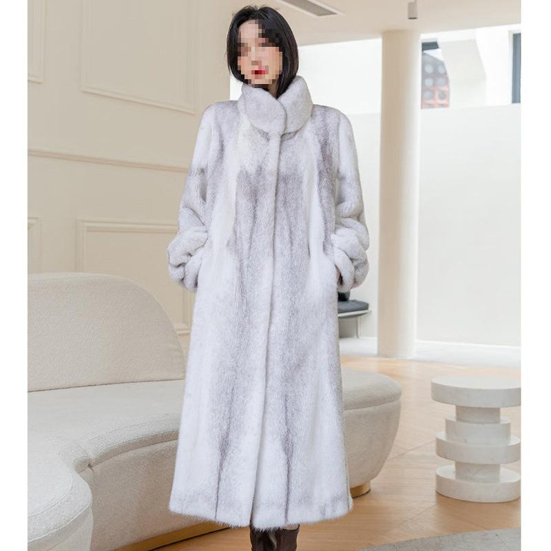 Women's Stylish Long Mink Fur Coat with Stand-Up Collar for Winter Warmth