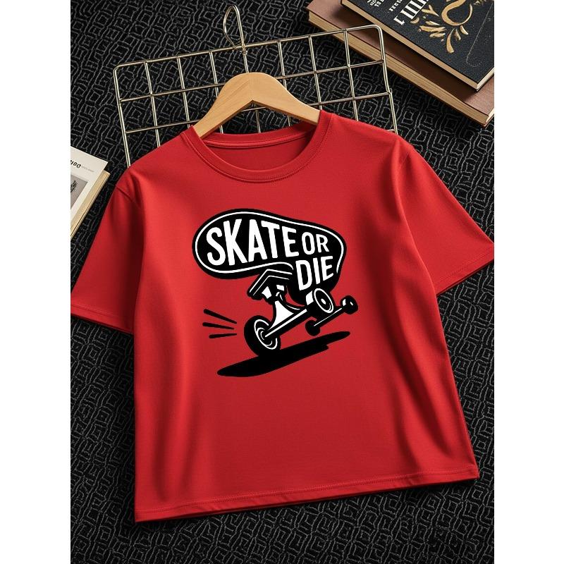 European Sizes Skateboard White Black Text Cotton Boys T-Shirt Boys Creative T-Shirt, Casual Weight Comfortable Short Sleeve Top, Summer Clothing