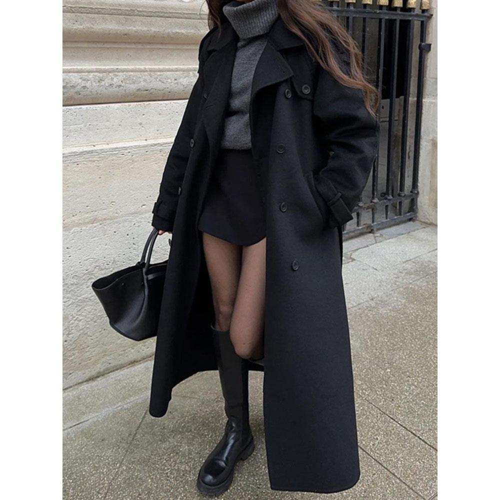 Street Women's Woolen Overcoat with Belt Loose Lapel Double Breasted Full Sleeve Long Coats 2026 Autumn Winter Lady Trench Coat