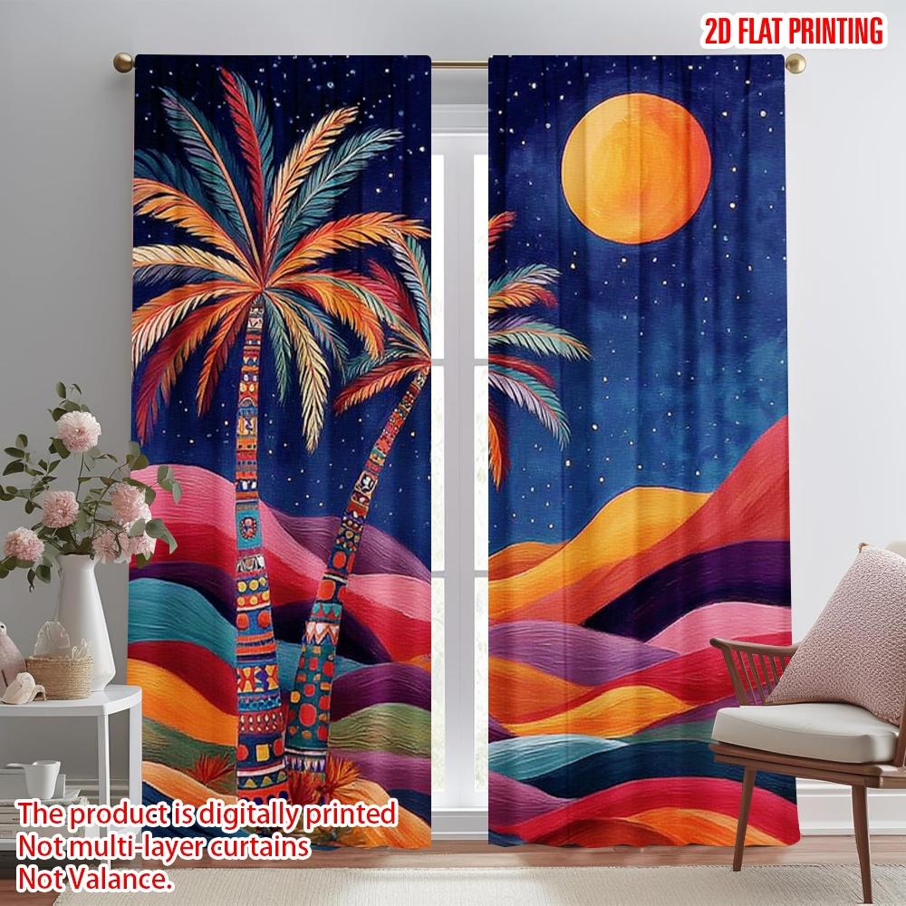 

Set Of 2 Flat Printing Curtain Vibrant Palm Trees Desert Night Polyester Without Electricity Festive Holiday Perfect Made W100*H70(CM)-Hooks&1PCS