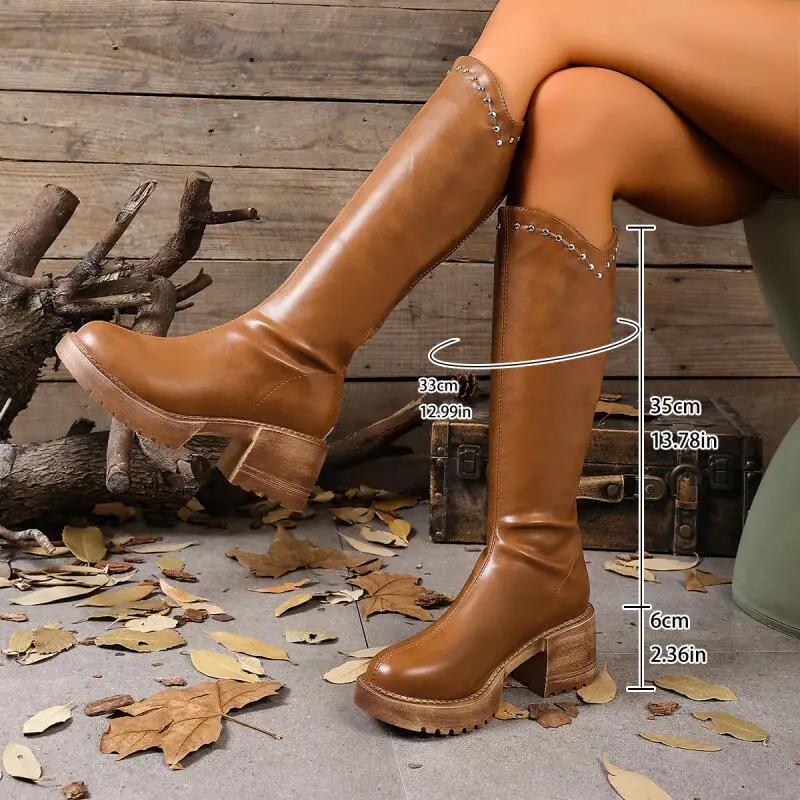 Retro Brown Thick Bottom Long Riding Boots Women 2025 Winter Comfort Platform Thick Heel Western Cowboy Boots Knee High Booties
