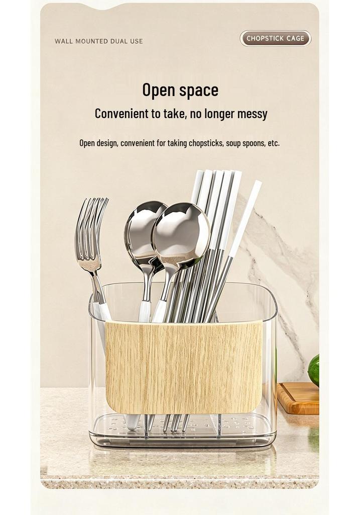 Bamboo Wood Grain Chopstick Holder with Draining Rack