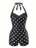 Charming Polka Dot Halter Pleated Slim Waist Bikini Swimsuit With Boyshorts For Beach Vacation