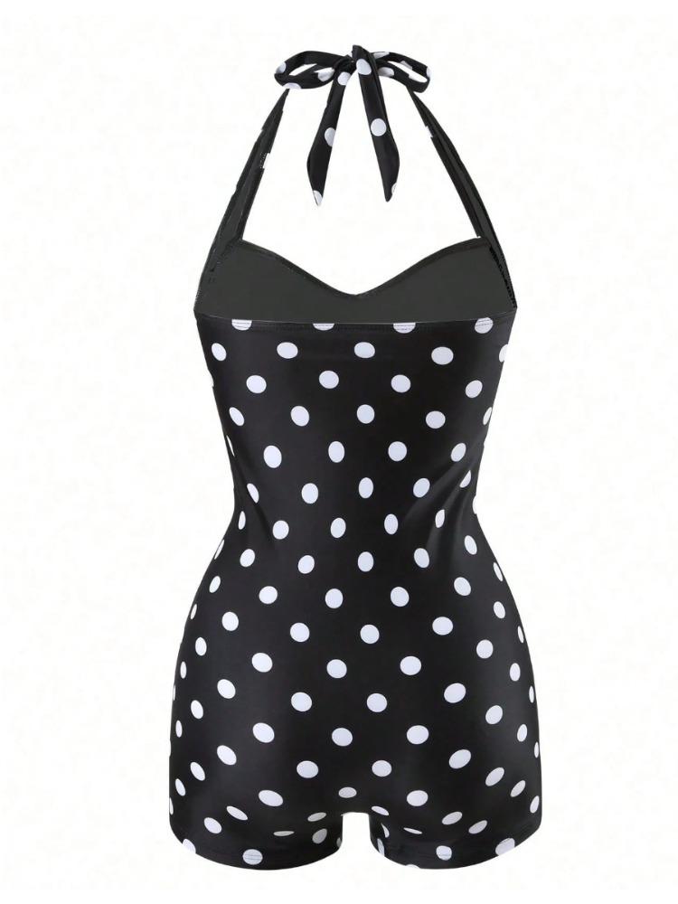 Charming Polka Dot Halter Pleated Slim Waist Bikini Swimsuit With Boyshorts For Beach Vacation