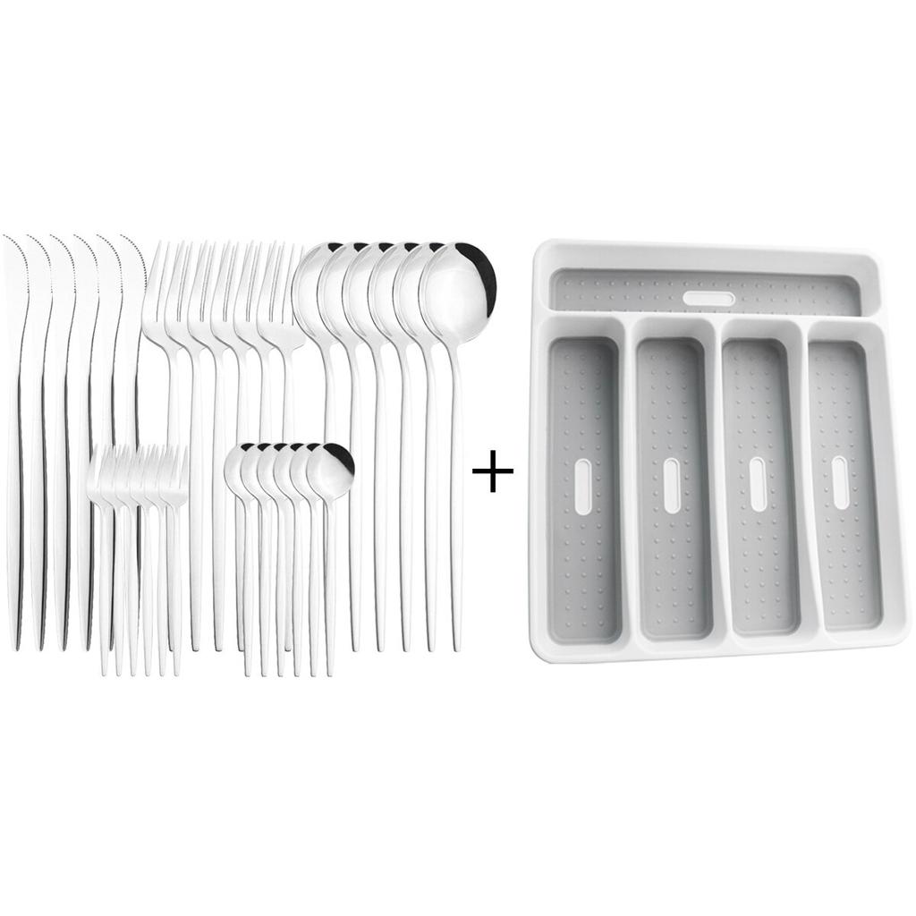 30pcs Gold Dinnerware Set Stainless Steel Tableware Set Knife Cake Fork Spoons Cutlery Set Plastic Storage Tray Kitchen Flatware