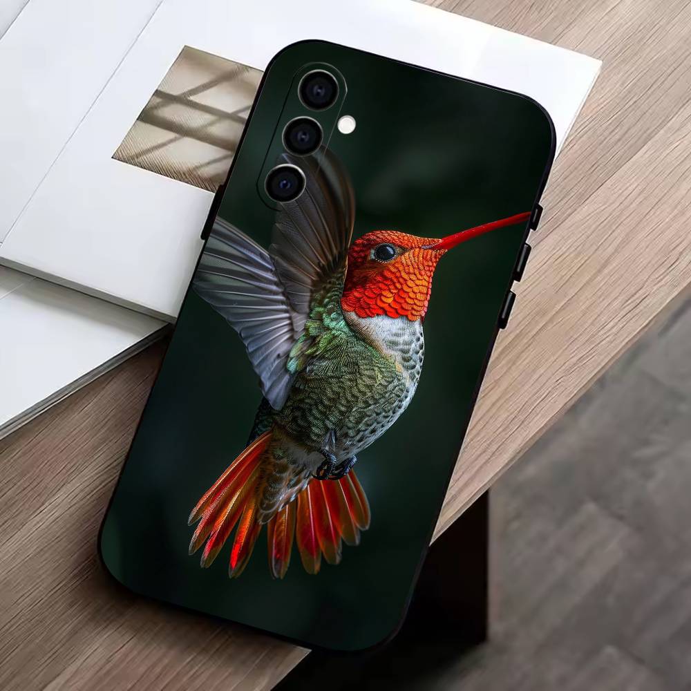 

Colorful Bird H-Humming Phone Case Black Silicone Soft For Samsung Galaxy A73,A72,A71,A70,A53,A52,A51 Samsung a50 30s 50s