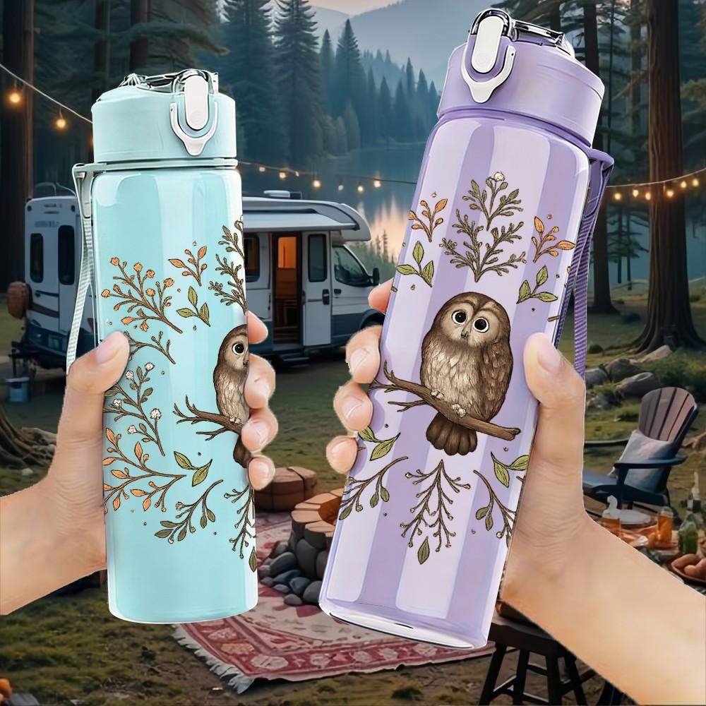 1PC Owl Autumn Leaf Wreath Print 750ml Color Plastic Sports Water Bottle Leakproof Flip Straw Lid Suitable for Sports Office Home Use