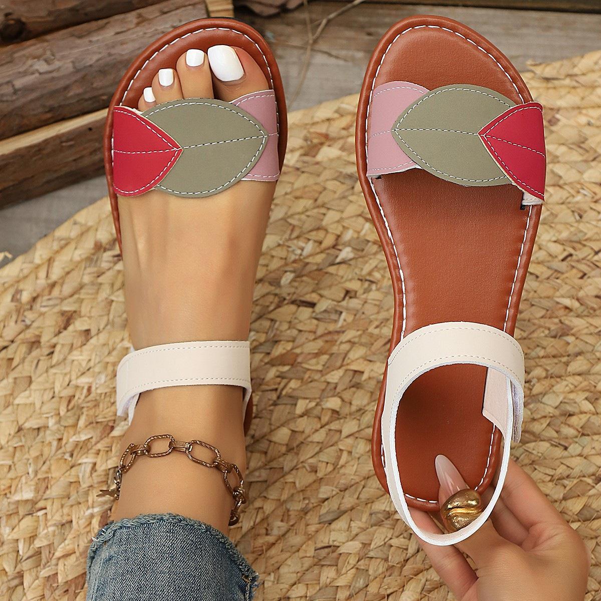 Women s Plus Size Velcro Color Block Flat Sandals - Lightweight, Breathable, Hollow Beach Slippers 41