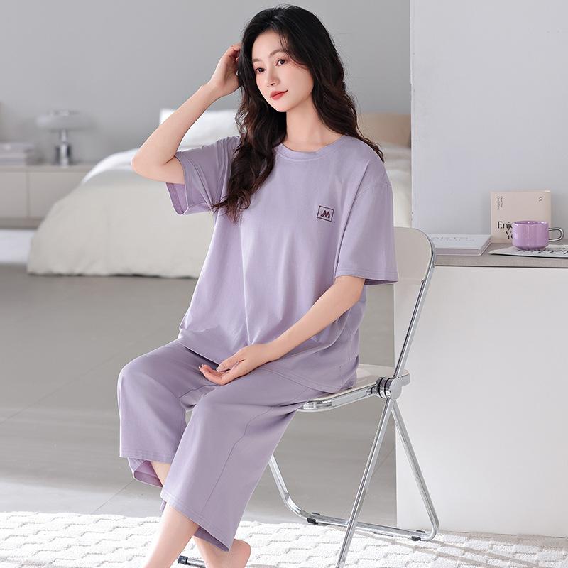 Pajamas Women's 1011 New Spring and Summer Thin Short-sleeved Large-size Cropped Pants Loungewear Modal Suit