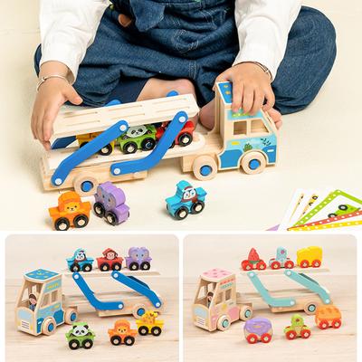Holz Doppelstock-LKW Kleinkinder Autos Spielzeug Zug Montessori Kindergarten Tierfutter Zuordnung Frühes Lernspiel 2-6 Jahre