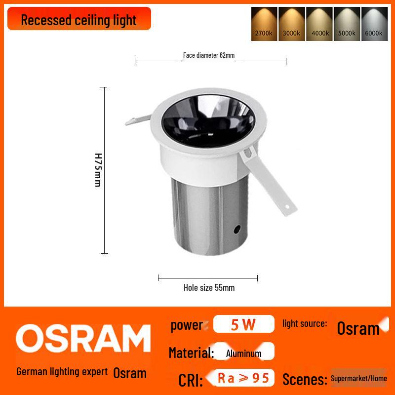 

OSRAM Aluminum COB Wall Washer: High-Brightness Ra95 Recessed LED Ceiling Light 6000K