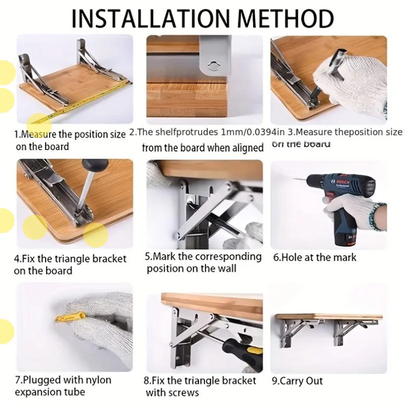 2PCS Sturdy Steel Folding Shelf Brackets Wall-Mounted Design for Workbench Table, Table Shelves Angle Bracket Home Hardware