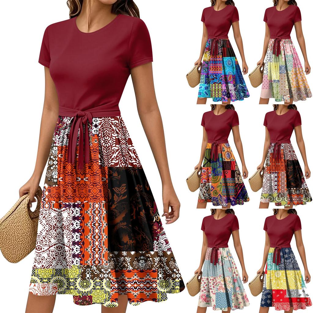 Damen Casual Mode Gürtel Vintage Bedruckt Kurzarm Rundhals Elegantes Kleid